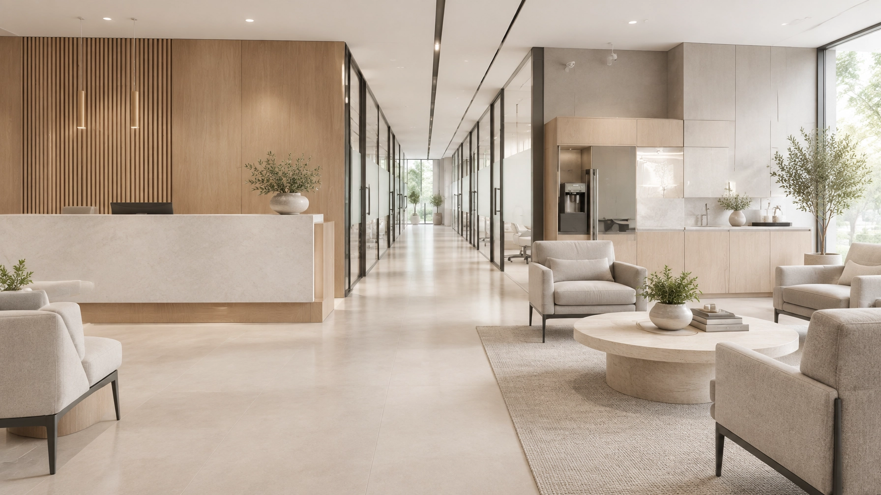 Illustrative reception area with a pale counter, upholstered seating and a glass-lined corridor