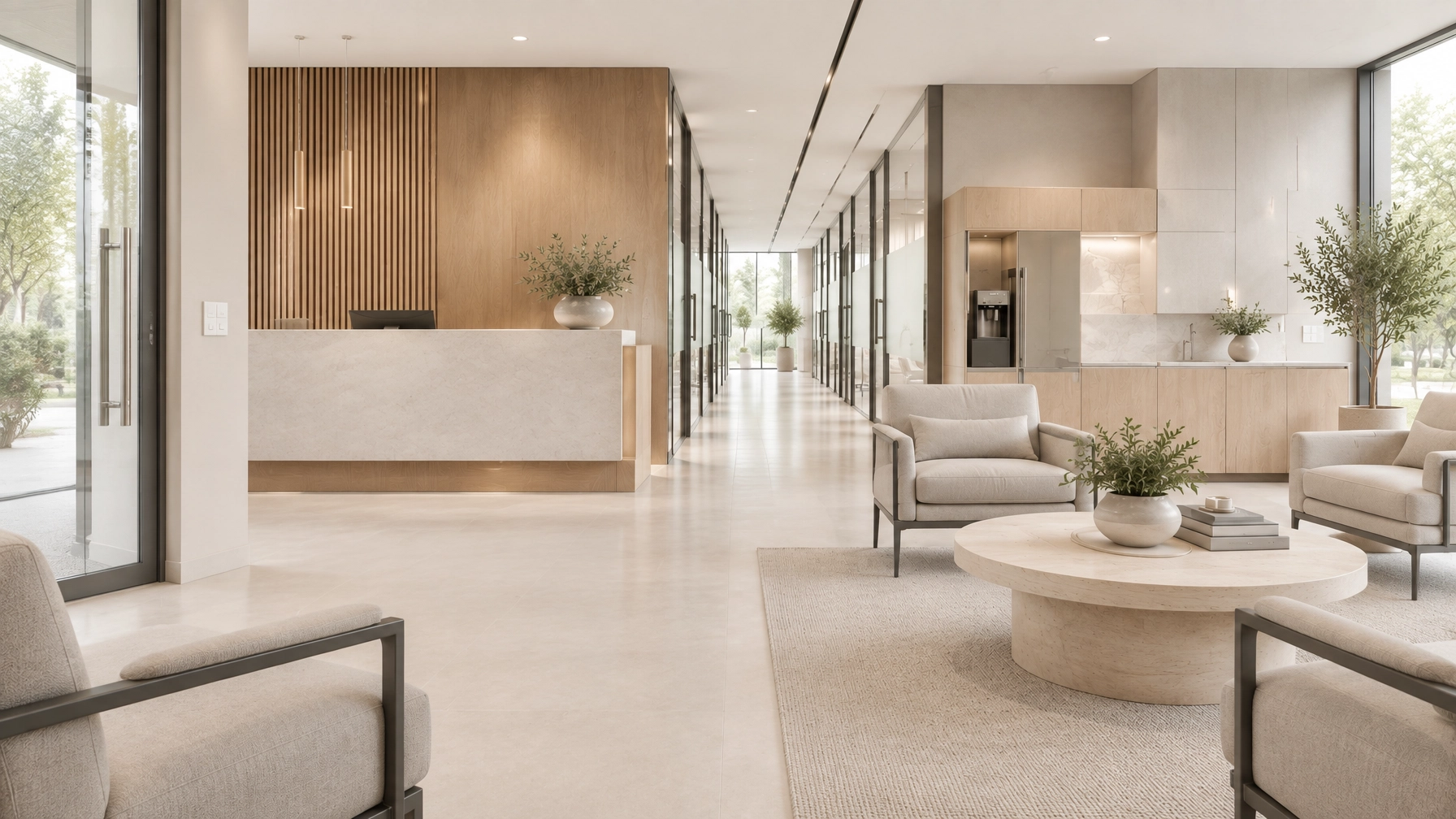 Illustrative waiting area showing an entrance handle, wall switches, reception counter and chair arms