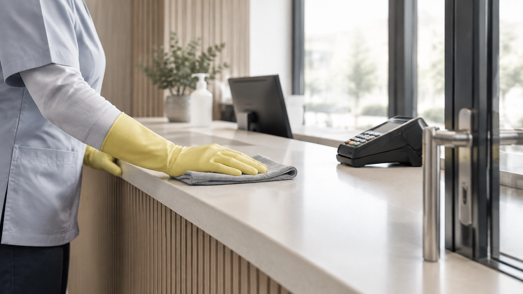 Illustrative cleaner in yellow gloves wiping a reception counter beside a payment terminal